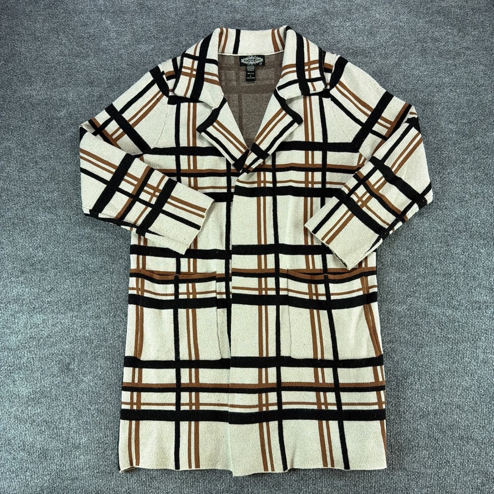 Oliver.O by Escio Plaid Longline Cardigan Duster Sweater Cream Brown Lrg Luxury